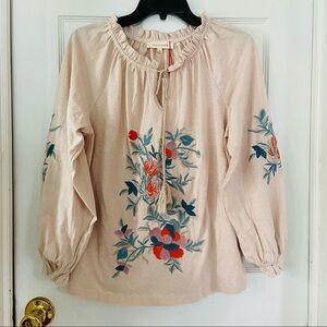 NWT SOLITAIRE cream floral embroidered boho peasant tassel blouse size medium